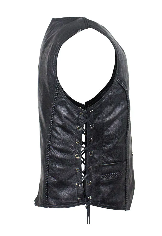 Womens Motorcycle Vest With Braid and Side Laces Conceal Gun Pockets