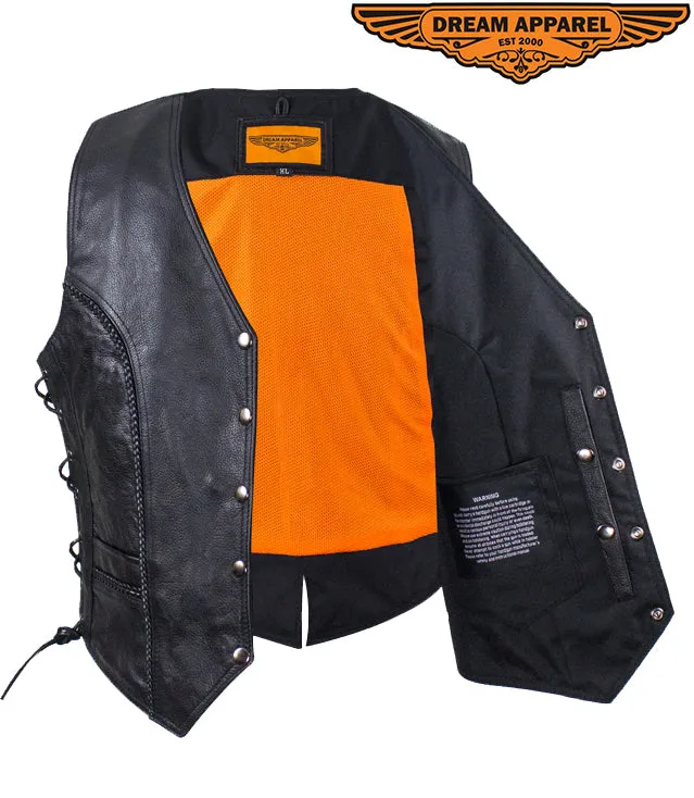 Womens Motorcycle Vest With Braid and Side Laces Conceal Gun Pockets