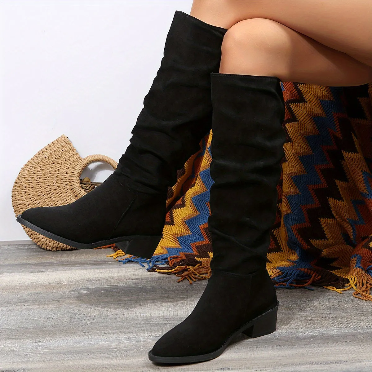 Women's Solid Color Chunky Heel Boots, Fashion Slip On Dress Boots, Women's Comfortable Boots