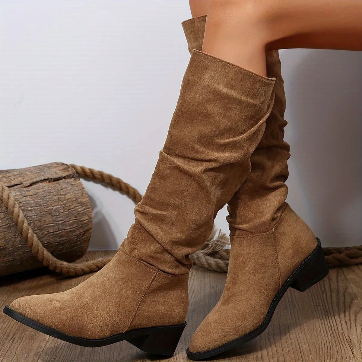 Women's Solid Color Chunky Heel Boots, Fashion Slip On Dress Boots, Women's Comfortable Boots