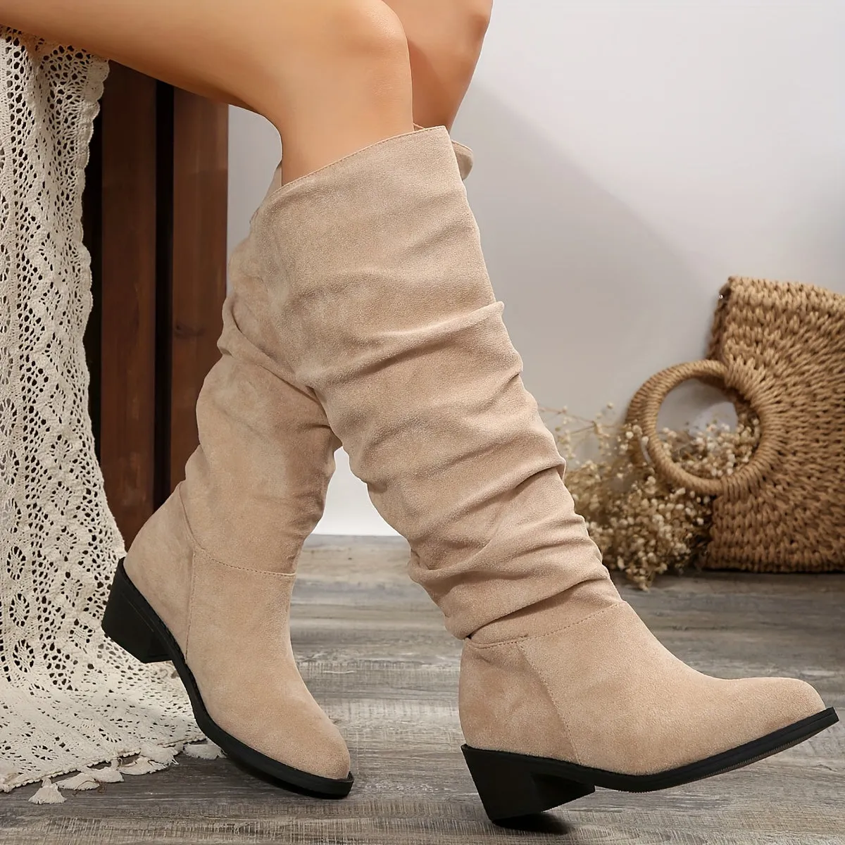 Women's Solid Color Chunky Heel Boots, Fashion Slip On Dress Boots, Women's Comfortable Boots