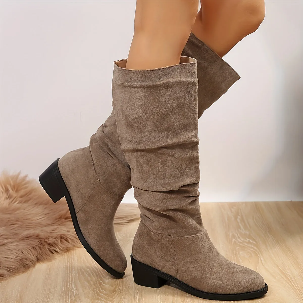 Women's Solid Color Chunky Heel Boots, Fashion Slip On Dress Boots, Women's Comfortable Boots