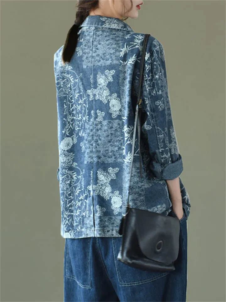 Women's Stylish Floral Printed Denim Blazer Jacket